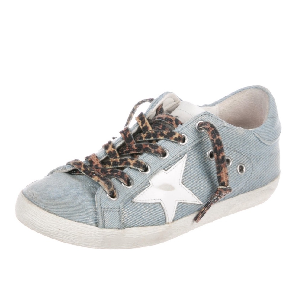 Golden Goose Superstar light denim blue and cheetah lace sneakers